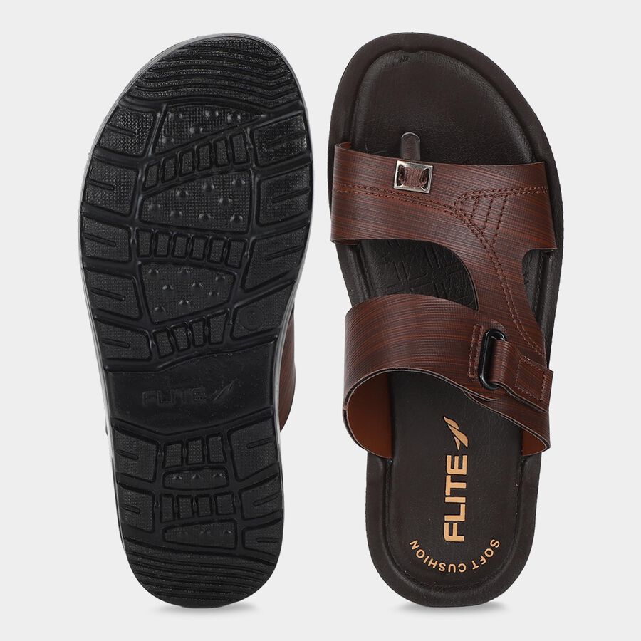 Men's Brown Slip-On Toe Loop Slide Sandals, भूरा, large