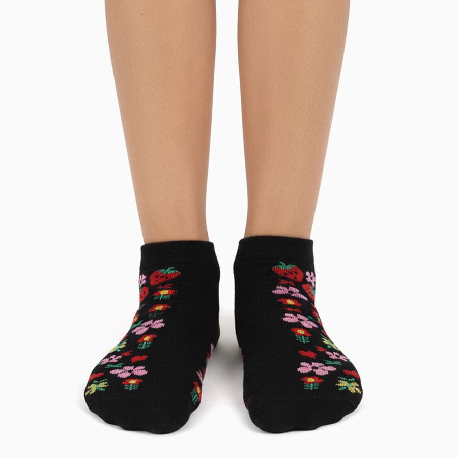 Girls' Jet Black Regular Fit Floral Design Ankle-Length Socks, काला, large image number null