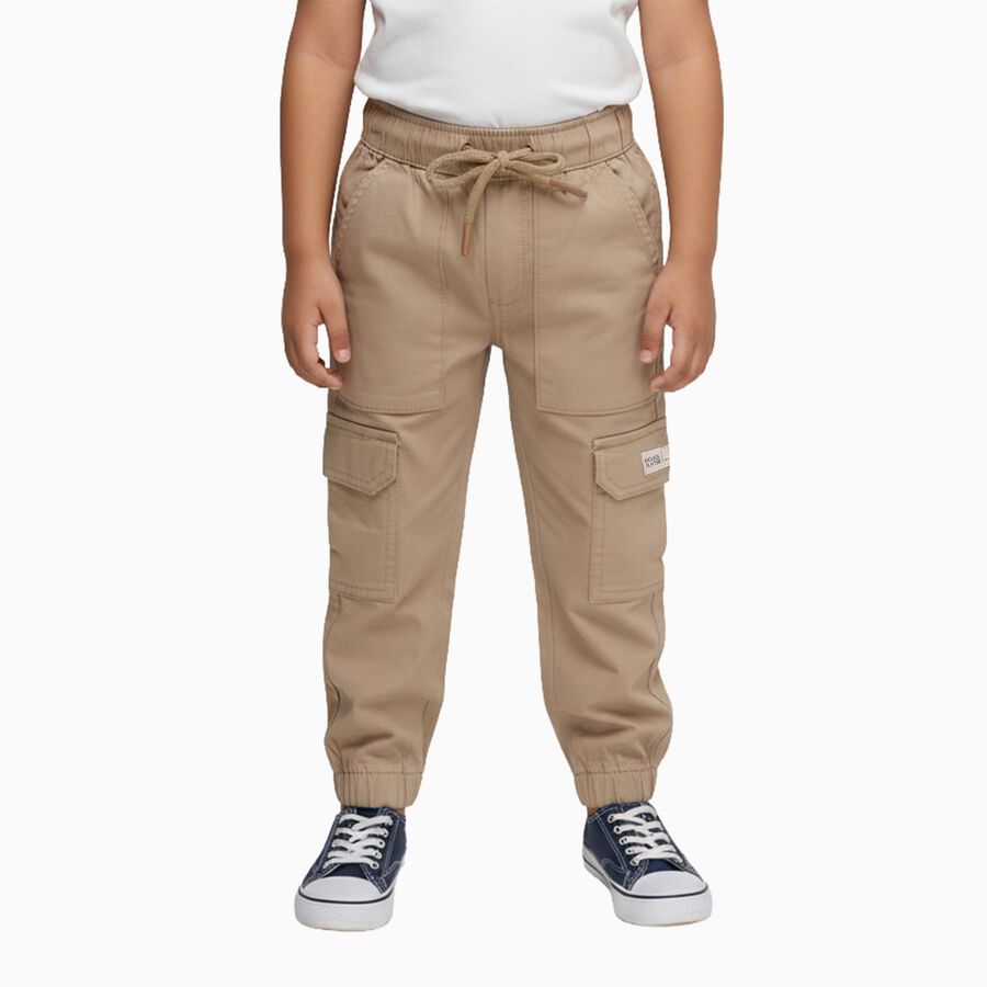 Boys Beige Regular Fit Cargo Trousers with Elastic Waist, Beige, large image number null