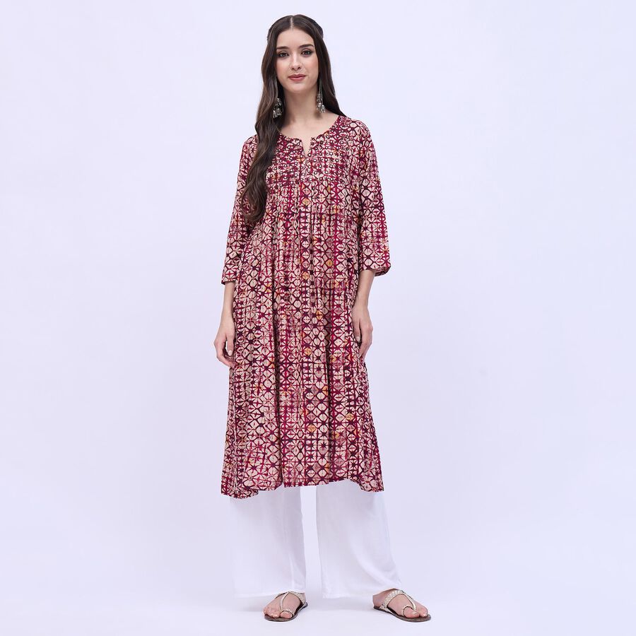 Women's Burgundy Round Neck Printed Kurta, वाइन, large