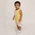 Infants Bright Yellow Cotton Round Neck Casual Sleeveless Top and Peach Shorts Set, Yellow, small image number null
