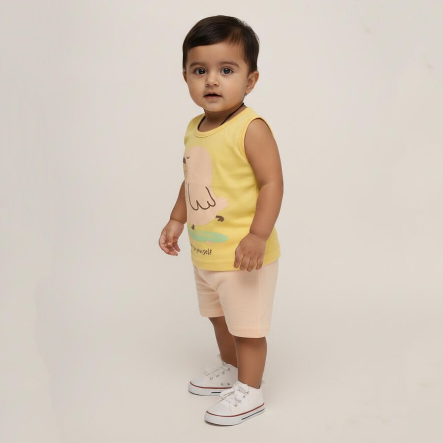 Infants Bright Yellow Cotton Round Neck Casual Sleeveless Top and Peach Shorts Set, Yellow, large image number null