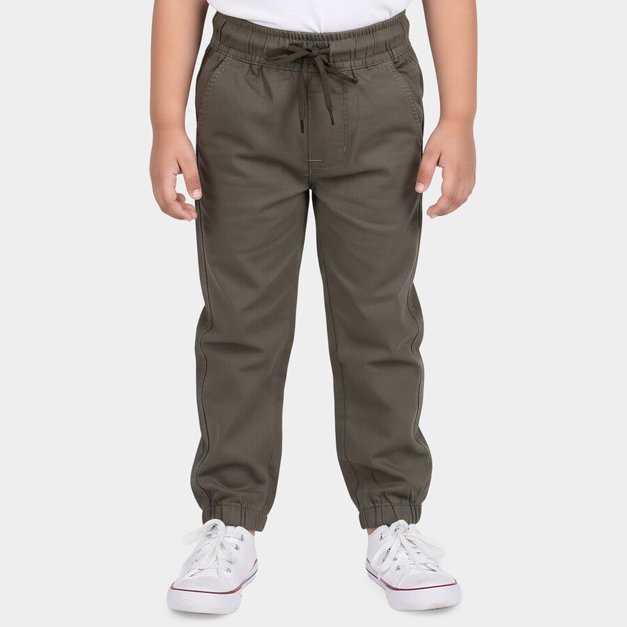 Boys Olive Green Regular Fit Solid Trousers, ओलिव, large