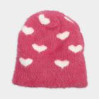 Girls' Pink Heart Pattern Fuzzy Beanie Cap, Pink, small