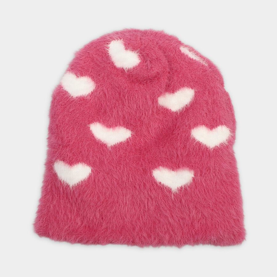 Girls' Pink Heart Pattern Fuzzy Beanie Cap, Pink, large