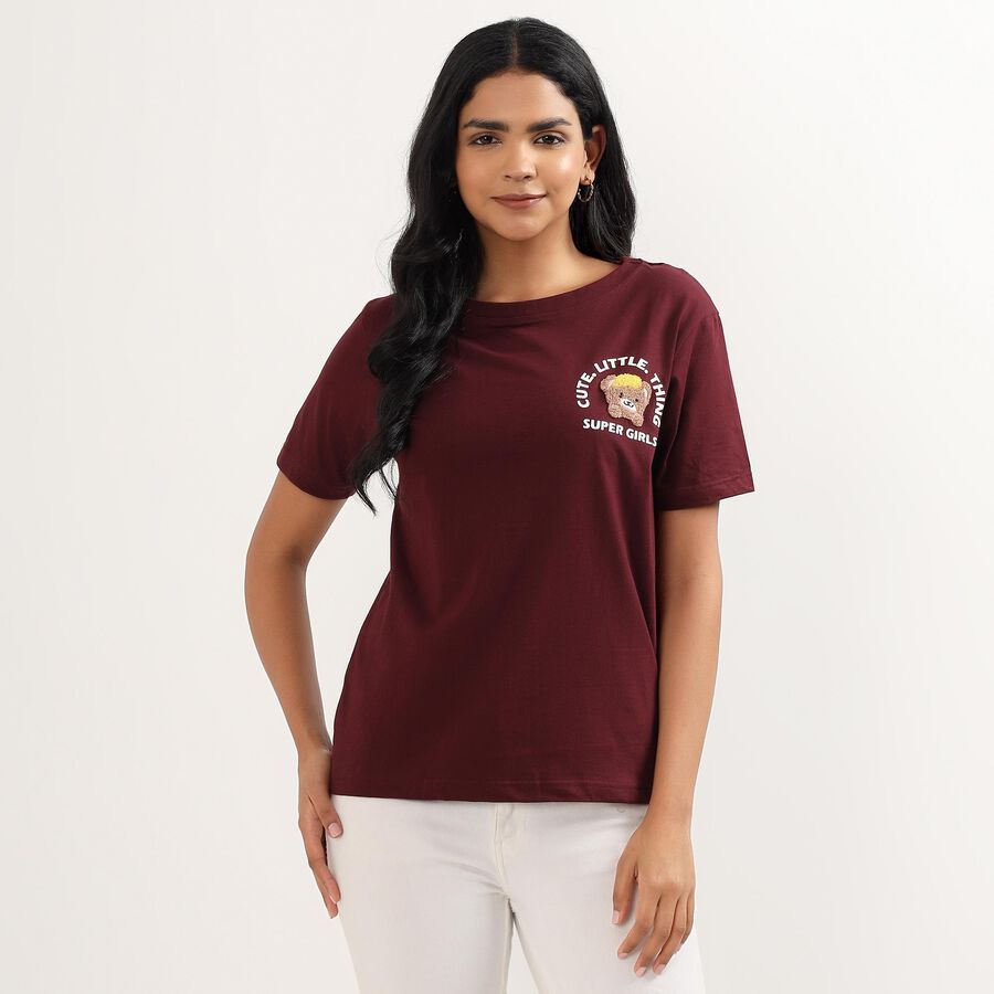 Ladies' 100% Cotton Round Neck T-Shirt , Wine, large image number null