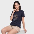 Women's Navy Blue Round Neck Regular T-Shirt, नेवी ब्लू, small
