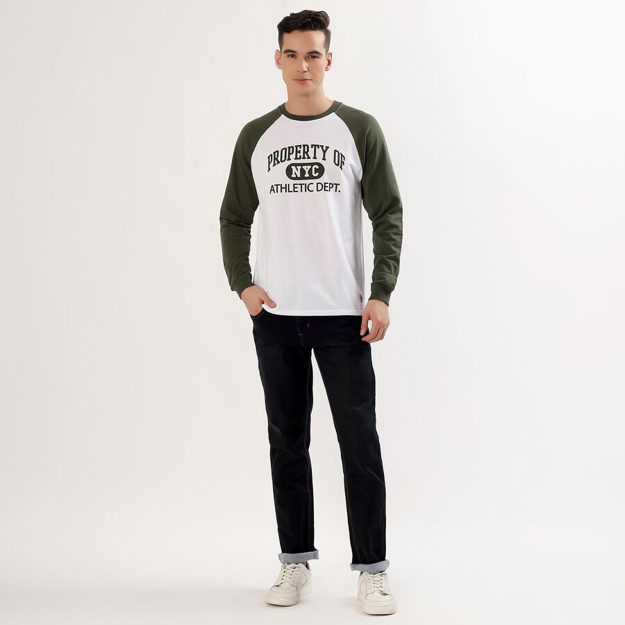 Men's White and Olive Green Crew Neck Casual T-Shirt , Light Green, large image number null