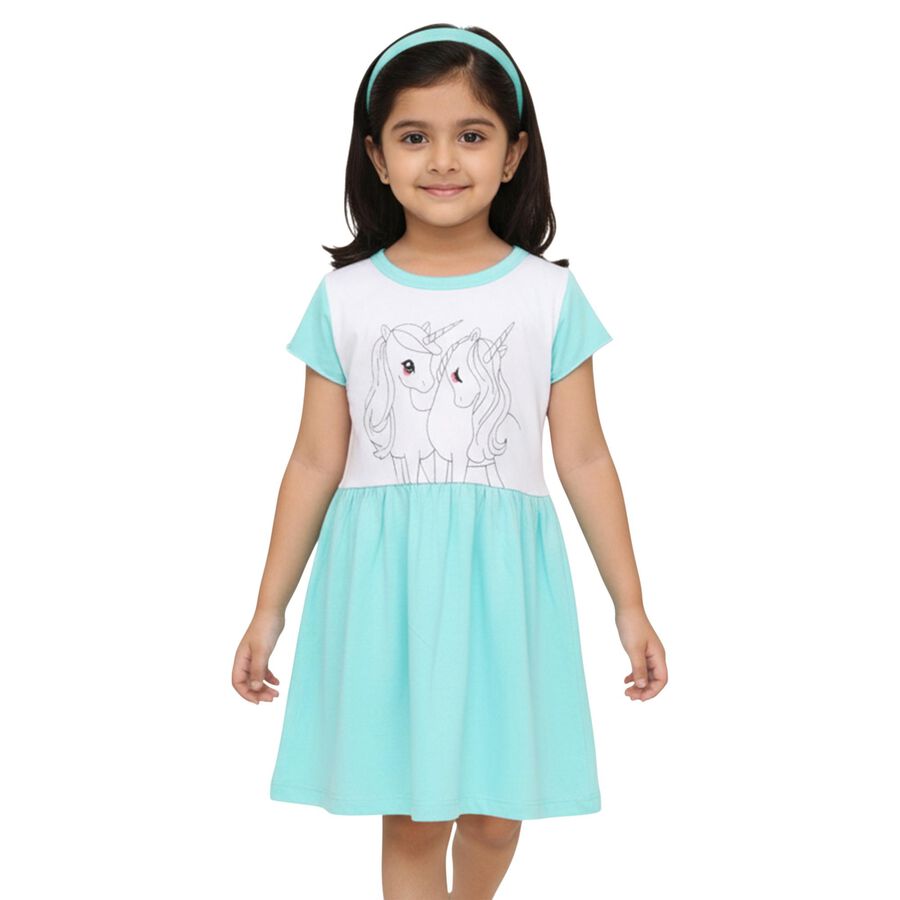 Girls' Aqua Blue and White Unicorn Printed Flared Frock, Aqua, large image number null