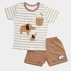 Infants' Beige 100% Cotton Round Neck Striped Elephant Printed Baba Suit, गहरा पीला, small