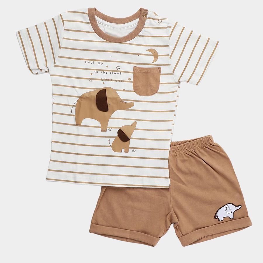 Infants' Beige 100% Cotton Round Neck Striped Elephant Printed Baba Suit, गहरा पीला, large