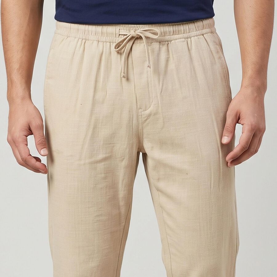 Men's Beige Slim Fit Drawstring Chino Trousers, Beige, large
