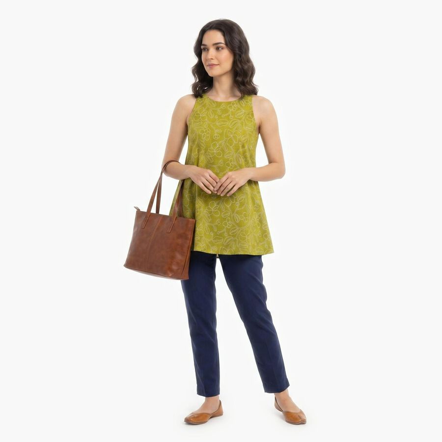 Women's Olive Green Cotton Round Neck Floral Printed Kurti, हल्का हरा, large