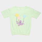 Girls' Mint Green Cotton Round Neck Regular T-Shirt, हल्का हरा, small