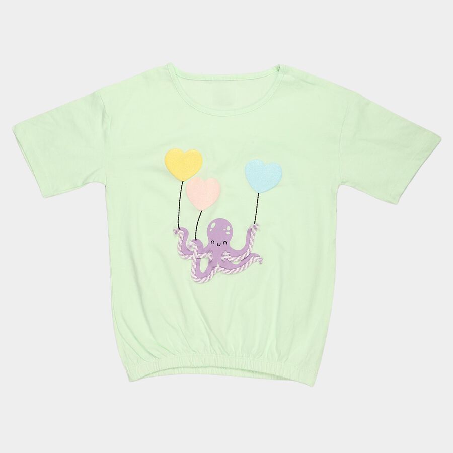 Girls' Mint Green Cotton Round Neck Regular T-Shirt, हल्का हरा, large