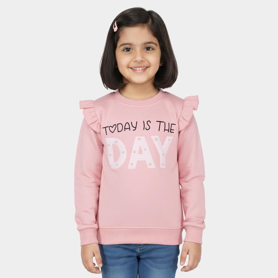 Girls Light Pink Crew Neck Ruffle Sleeve Sweatshirt, Pink, large image number null