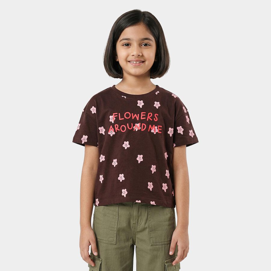 Girls Brown Cotton Casual T-Shirt, भूरा, large