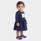 Infants' Navy Blue Fit and Flare Polka Dot Teddy Print Frock, नेवी ब्लू, small