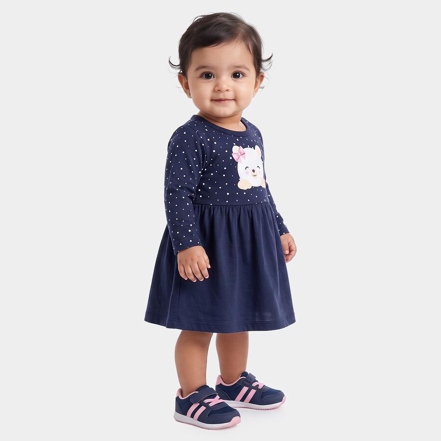 Infants' Navy Blue Fit and Flare Polka Dot Teddy Print Frock, नेवी ब्लू, large