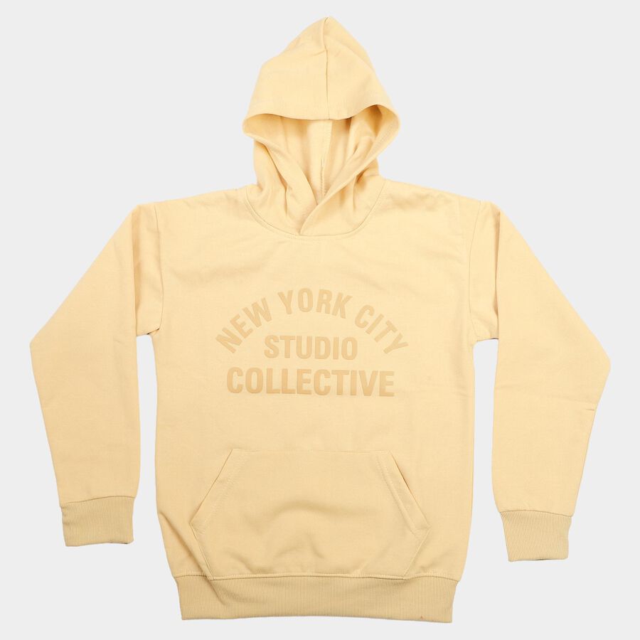 Boys' Beige Hoodie Neck Graphic Print Sweatshirt, Beige, large