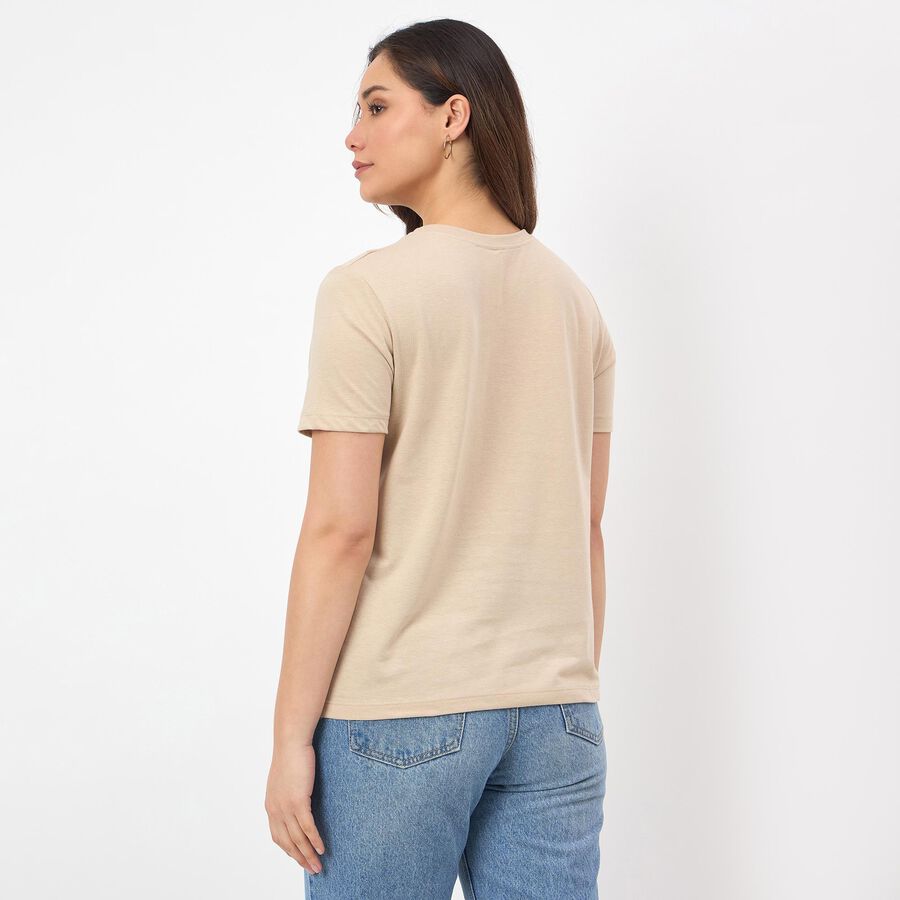 Women's Muted Beige Round Neck Casual T-Shirt, Beige, large