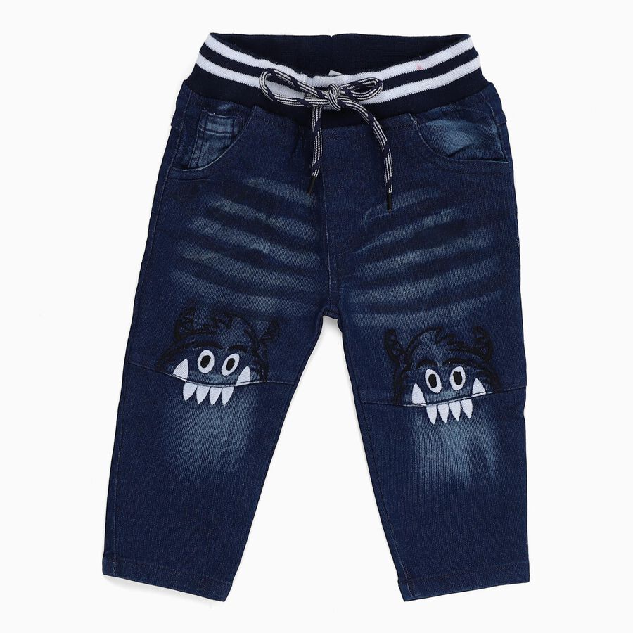 Boys' Dark Indigo Blue Relaxed Fit Monster Embroidered Jeans, मध्यम नीला, large image number null