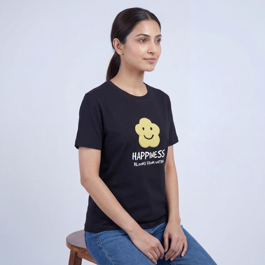 Women's Black Cotton Round Neck Casual T-Shirt, काला, large