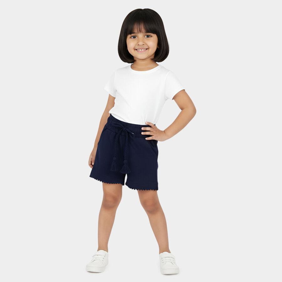 Girls' Navy Blue Scalloped Hem Cotton Blend Shorts, Navy Blue, large