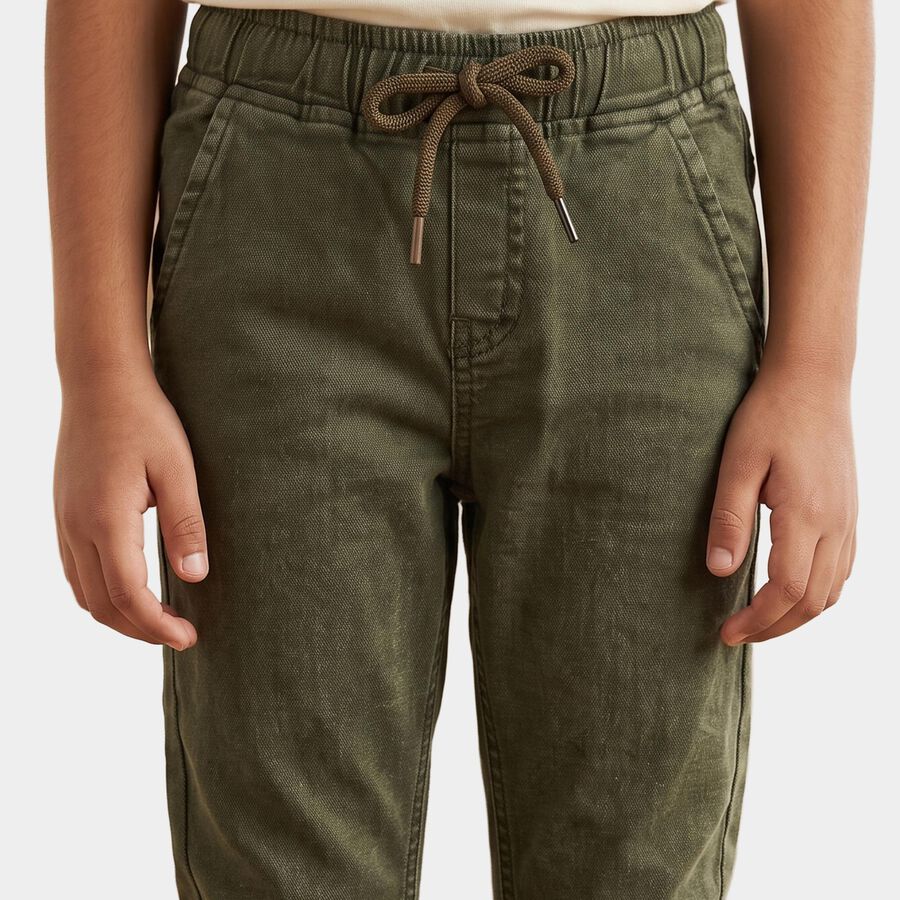 Boys' Olive Green Straight Fit Drawstring Waist Jeans, ओलिव, large