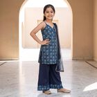 Girls Navy Blue V Neck Fusion Set Upper and Bottom Set, Navy Blue, small