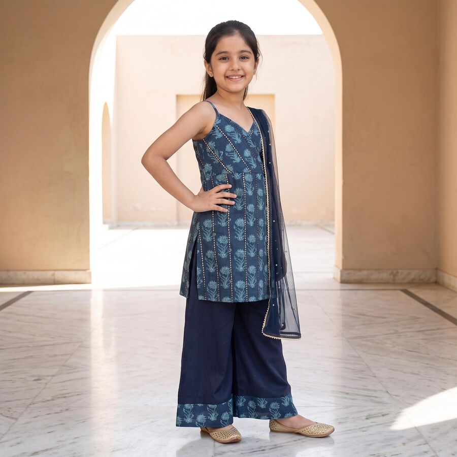 Girls Navy Blue V Neck Fusion Set Upper and Bottom Set, Navy Blue, large