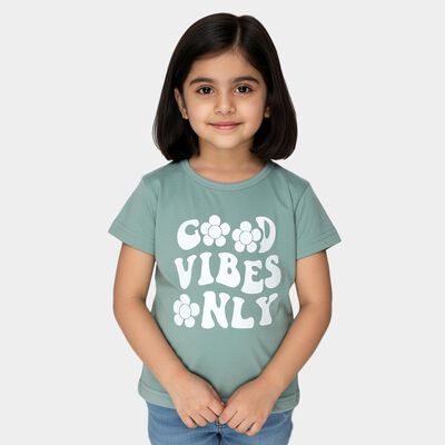 Girls' Green Round Neck Printed T-Shirt