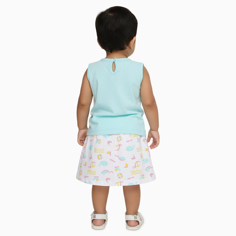 Infants Pastel Blue Cotton Sleeveless Top and Printed Skirt Set, एक्वा, large