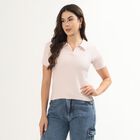 Women's Light Pink Polo Neck Preppy Polo T-Shirt, हल्का गुलाबी, small