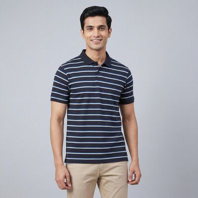 Men's Navy Blue Polo Collar Casual T-Shirt