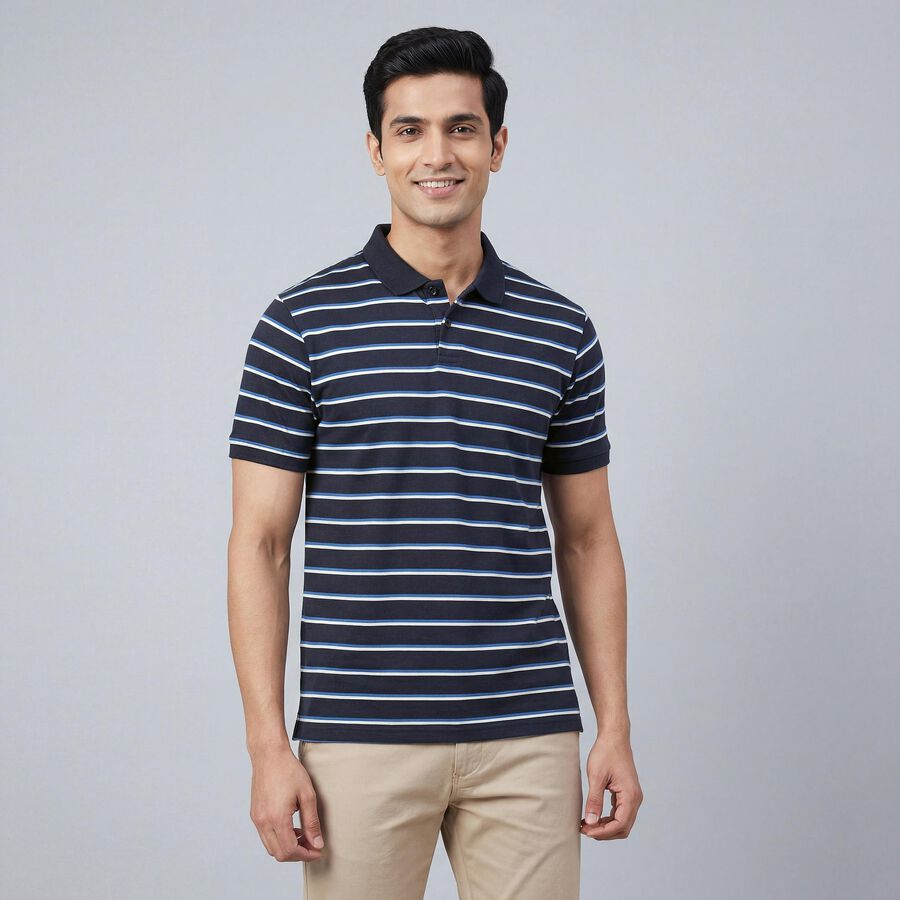 Men's Navy Blue Polo Collar Casual T-Shirt, नेवी ब्लू, large