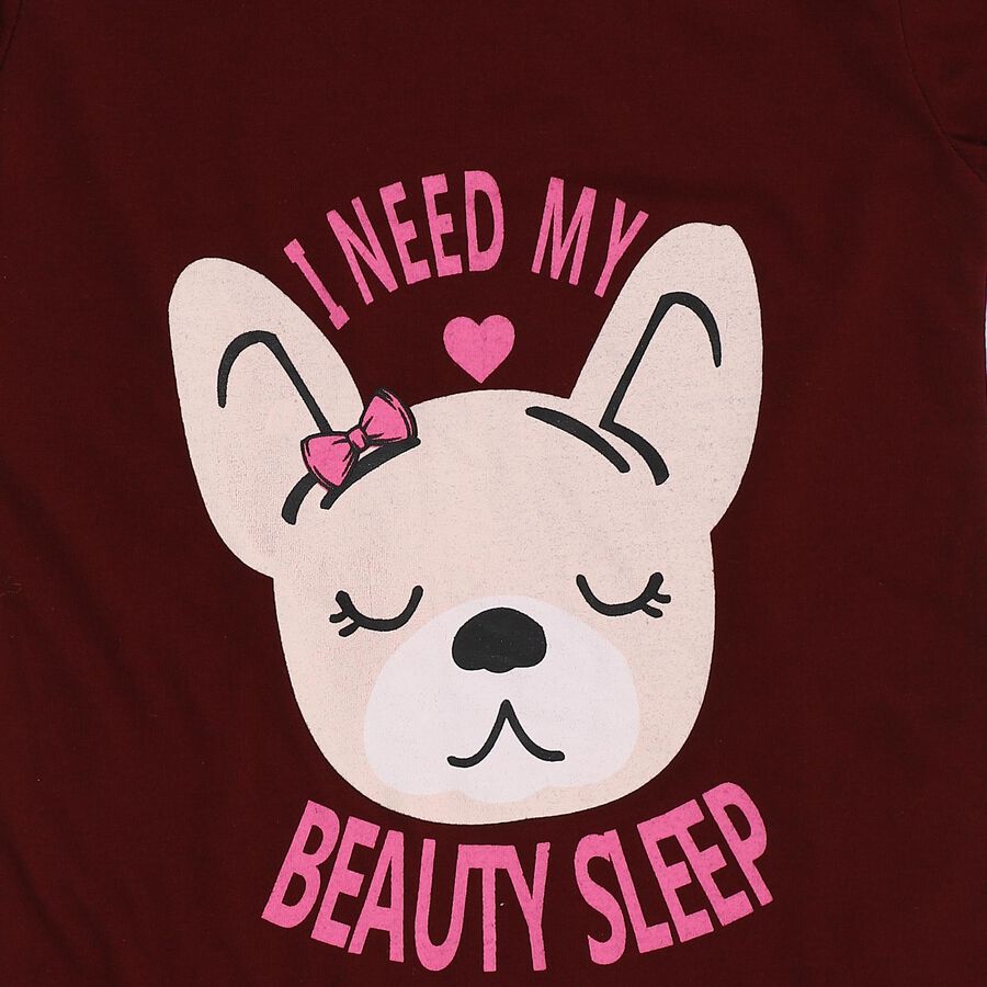 Girls Wine Round Neck Cat Graphic Printed Night Suit, वाइन, large