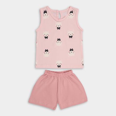Girls' Soft Pink Cotton Sleeveless Printed Top and Shorts Set