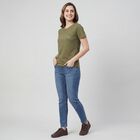 Women's Olive Cotton Round Neck Graphic T-Shirt, ओलिव, small
