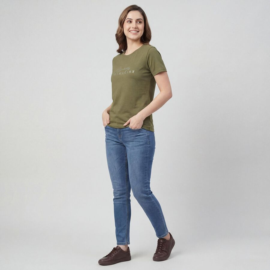 Women's Olive Cotton Round Neck Graphic T-Shirt, ओलिव, large