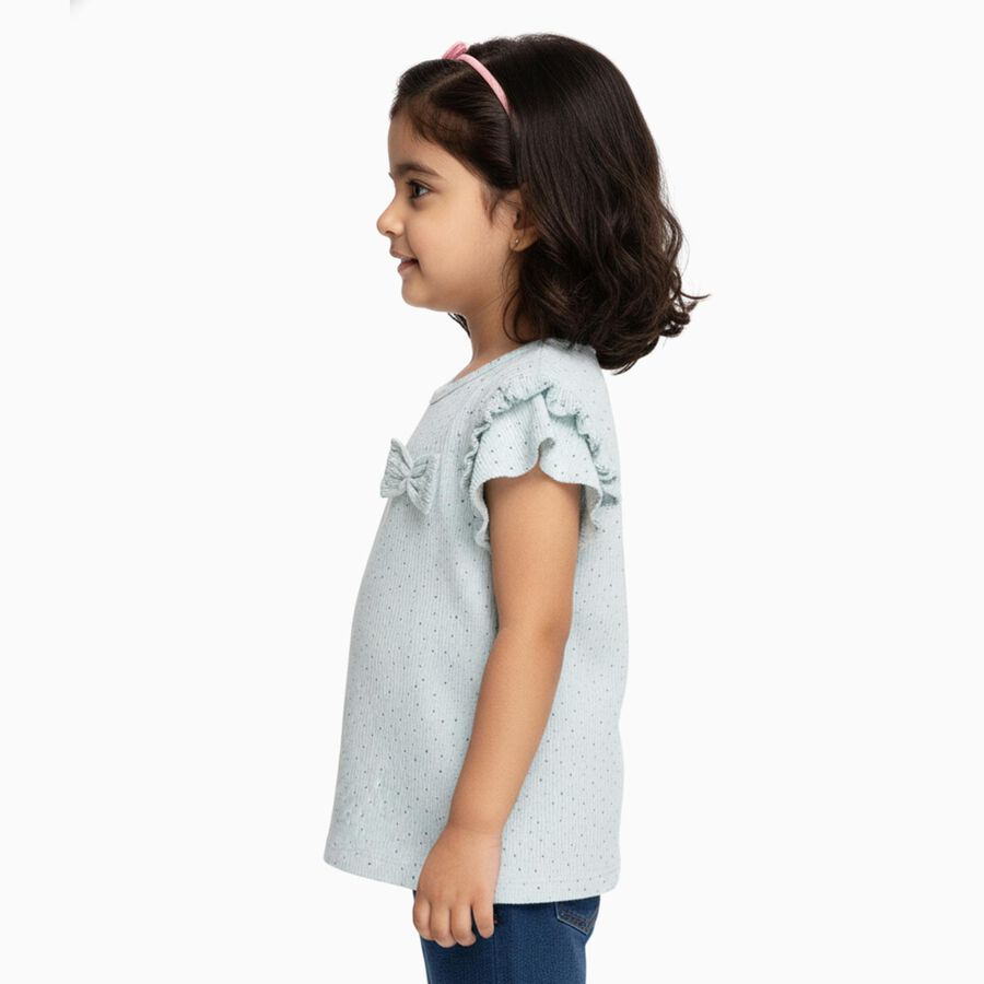 Girls' Light Blue Round Neck Casual Ruffle Sleeve T-Shirt, हल्का नीला, large