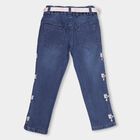 Girls' Deep Indigo Blue Straight Fit Embroidered Jeans, गहरा नीला, small