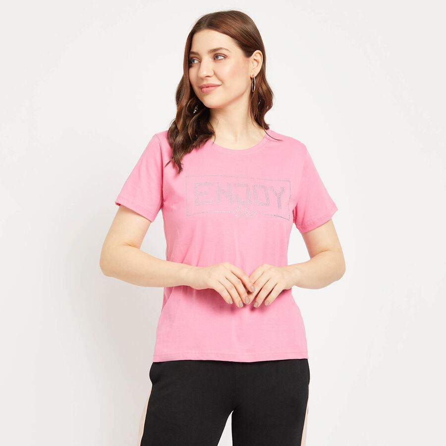 Cotton Round Neck T-Shirt, Pink, large image number null