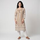 Women's Beige Round Neck Printed Kurta, Beige, small