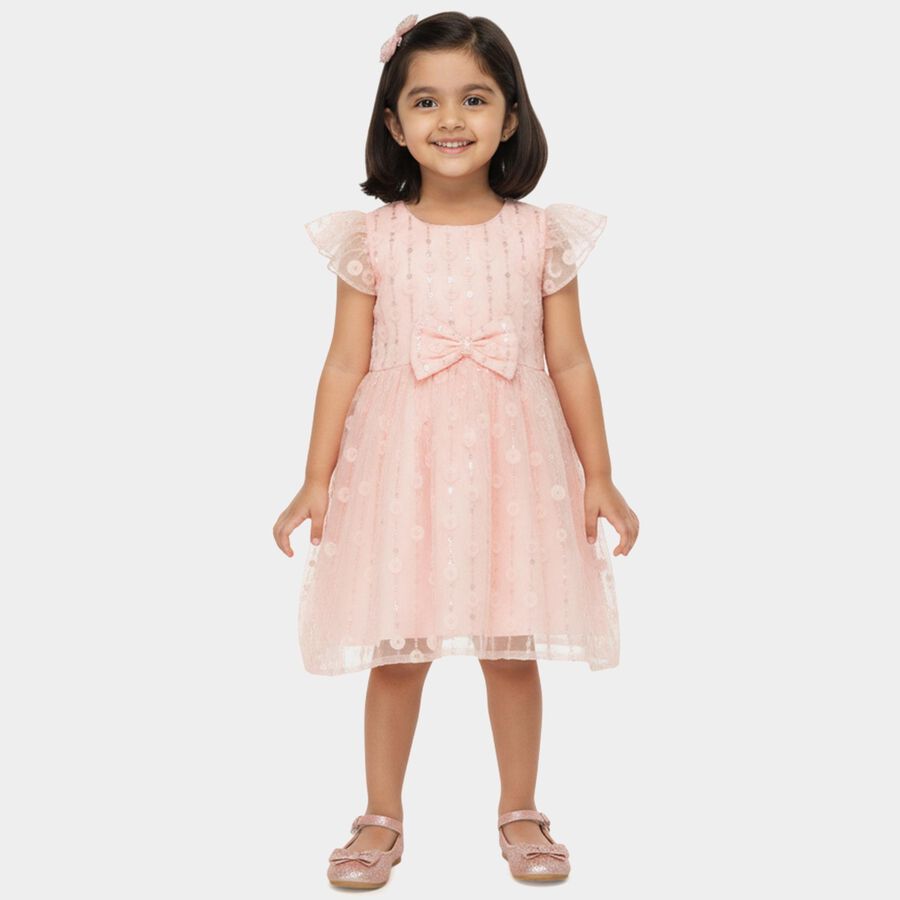 Girls' Pink Flared Floral Sequin Bow Frock, हल्का गुलाबी, large