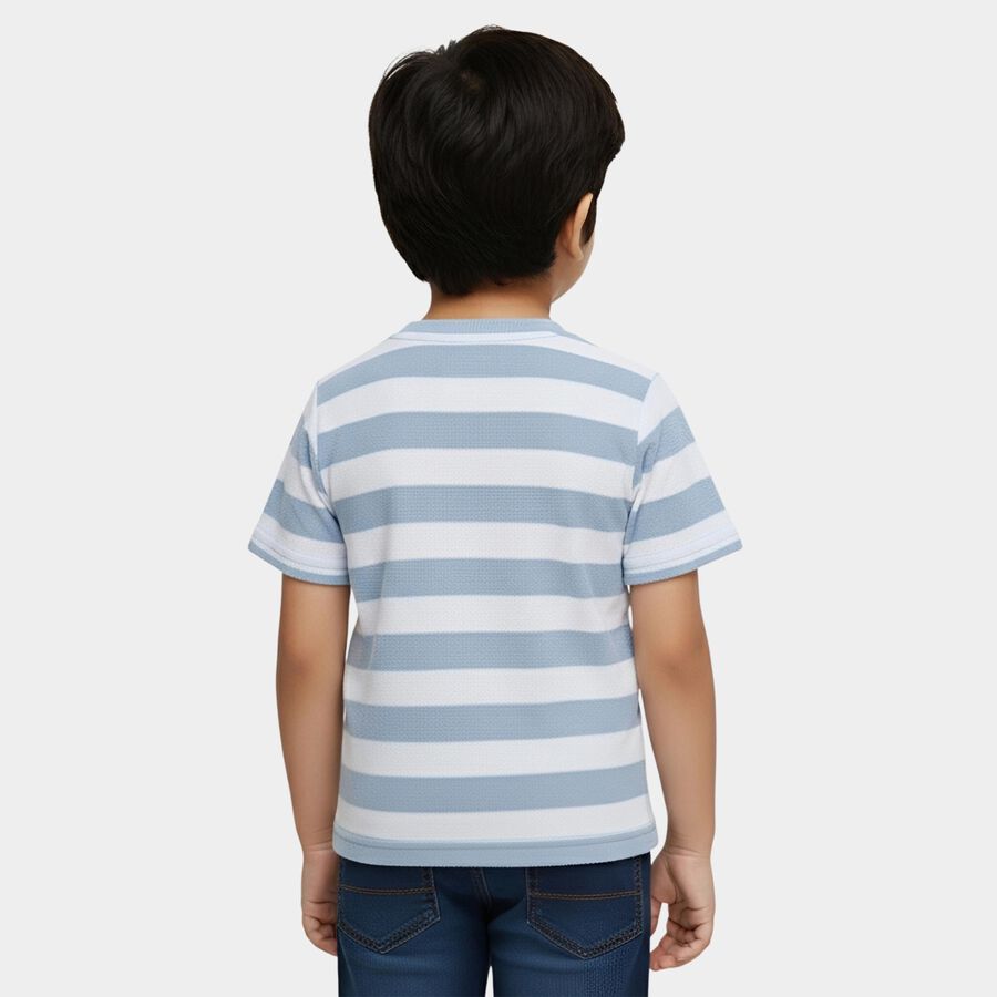 Boys' Light Blue Cotton Blend Round Neck Striped T-Shirt, हल्का नीला, large