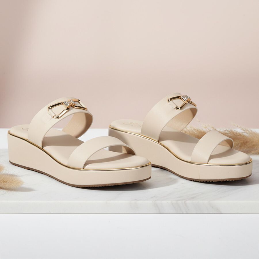 Women's Beige Slip-On Platform Sandals, Beige, large