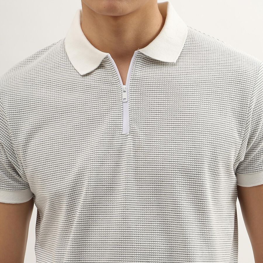 Men's White Polo Neck Textured T-Shirt, White, large