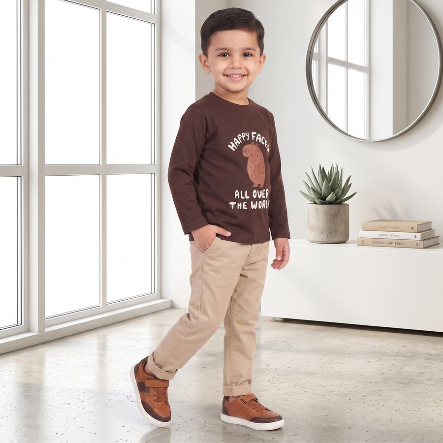 Boys Brown Cotton Blend Round Neck Regular T-Shirt, भूरा, large