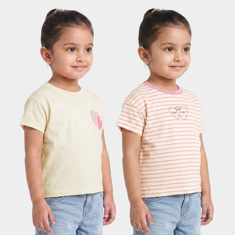 Girls' Off White Cotton Round Neck Regular T-Shirt, Off White, large